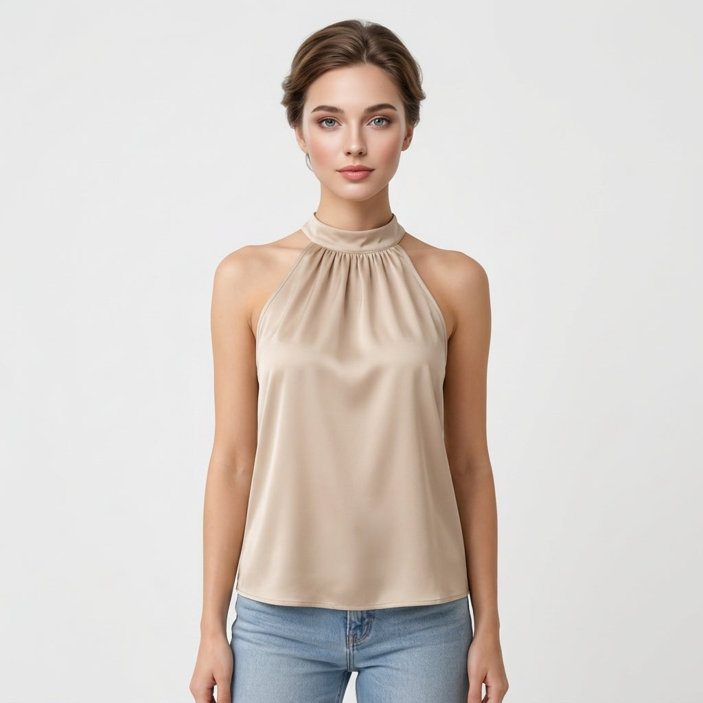 Beżowy satynowy top typu halter
