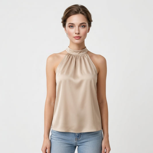 Beżowy satynowy top typu halter